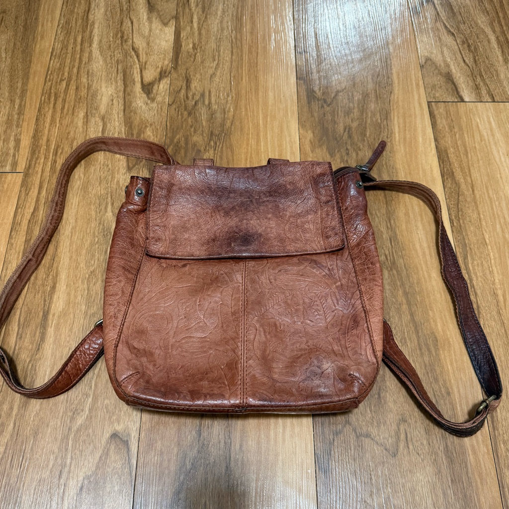 Vintage American Leather Co Embossed Brown Leather Mini Backpack Purse